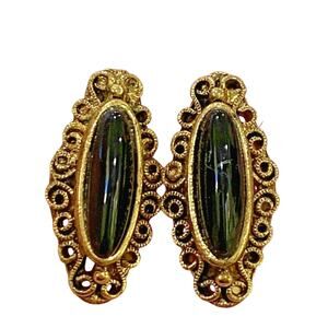 Vintage Vogue Pierced Earrings Ornate Gold Tone & Black Stone Slim 1950s Classic